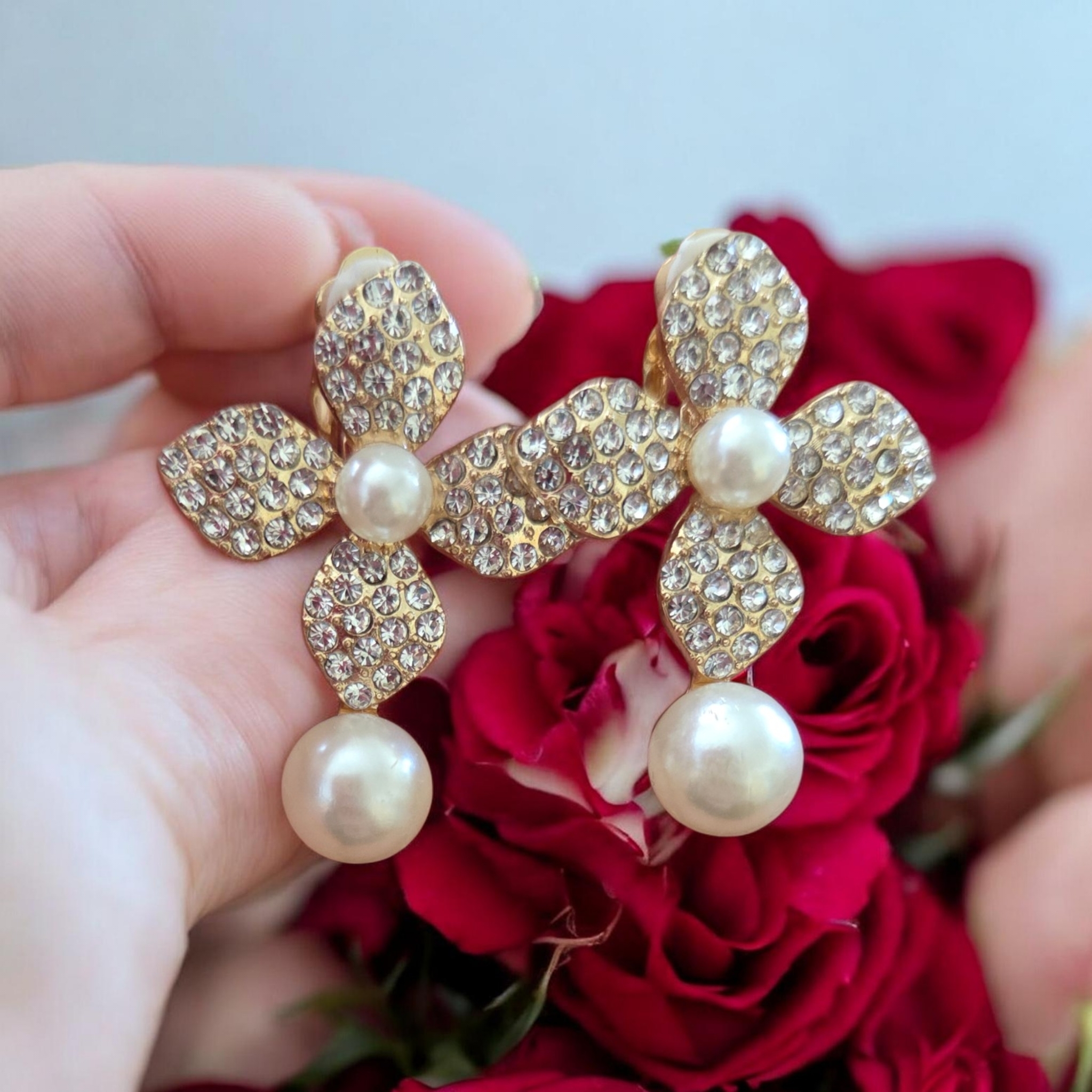 Gold Crystal & Pearl Flower Drop Earrings - Elegant Women's Jewelry Clip On